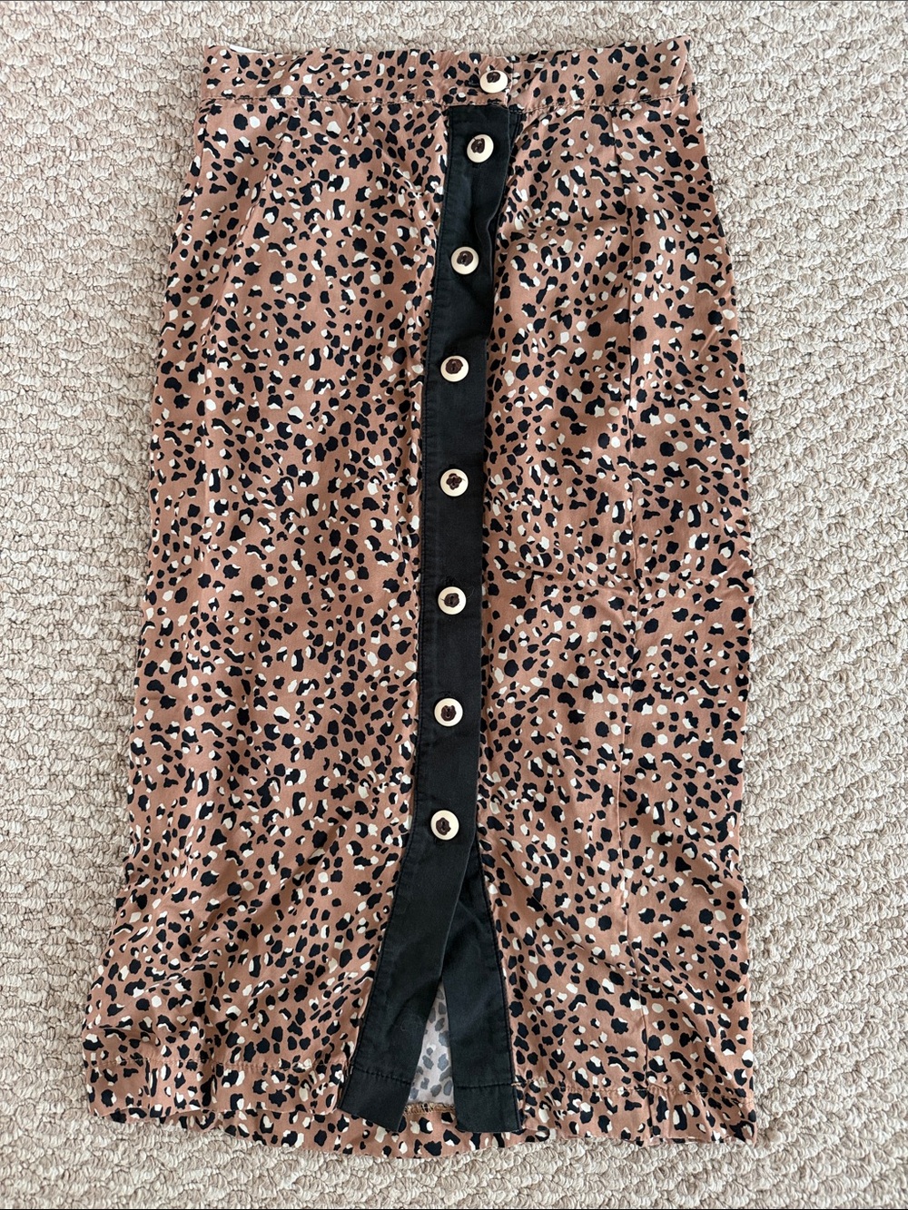 Women's Tan Leopard Print Midi Skirt with Black Button Placket